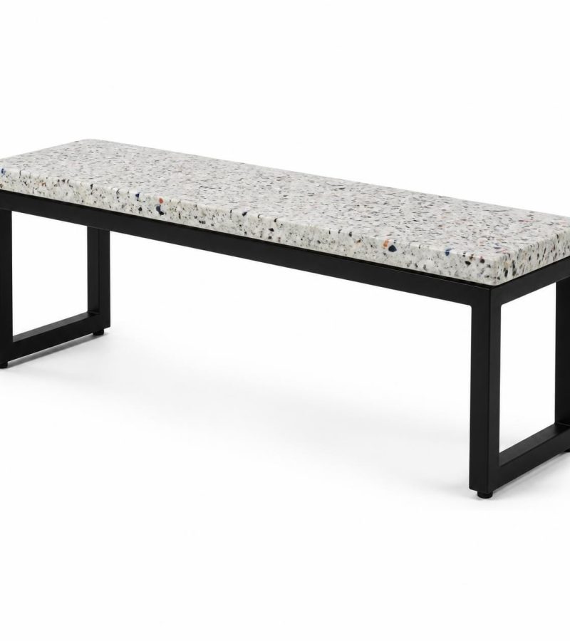 Bench seating with speckled recycled plastic seat showing mixed color flecks and natural recycled texture, powder-coated black steel frame, modern educational or office furniture