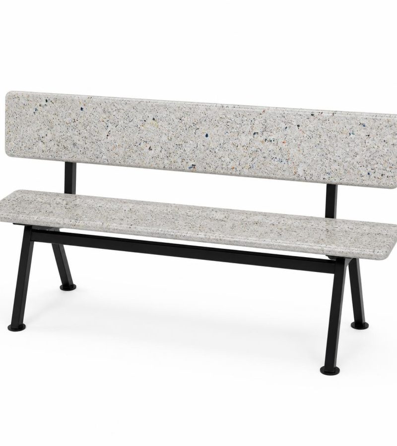 Bench seating with speckled recycled plastic seat showing mixed color flecks and natural recycled texture, powder-coated black steel frame, modern educational or office furniture1