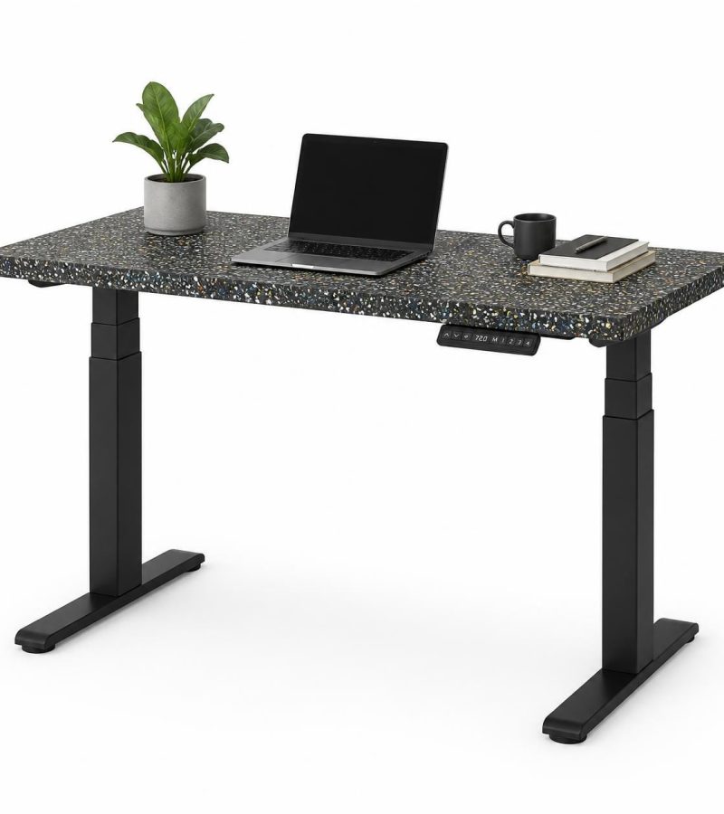Height adjustable sit-stand desk with speckled recycled plastic top showing mixed color flecks and natural recycled texture, powder-coated black steel electric adjustable base
