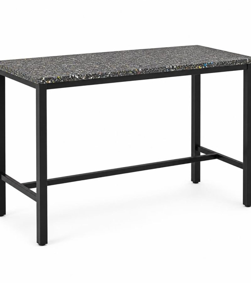 High bench table with speckled recycled plastic top showing mixed color flecks and natural recycled texture, powder-coated black steel legs, 900mm height 2