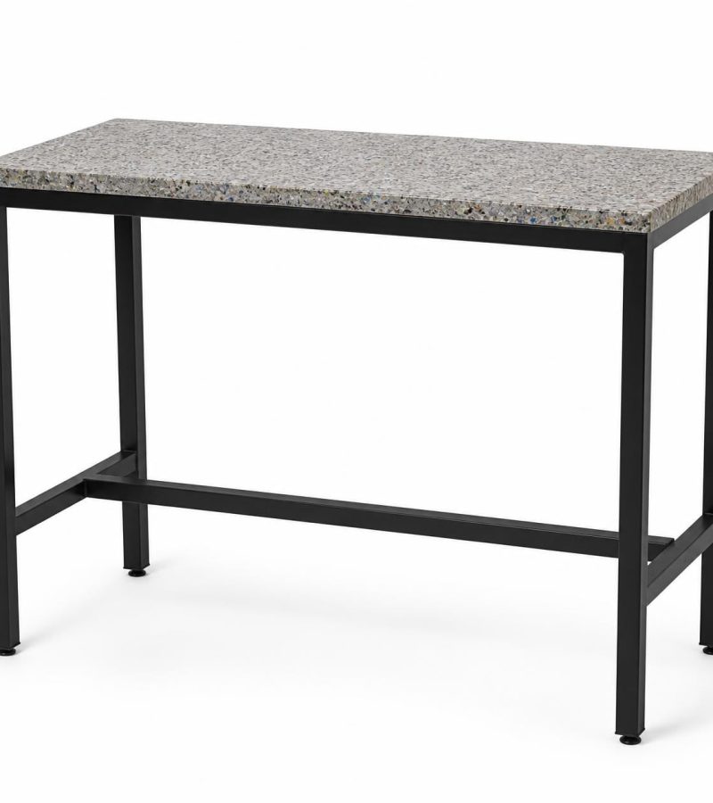 High bench table with speckled recycled plastic top showing mixed color flecks and natural recycled texture, powder-coated black steel legs, 900mm height for use with high stools