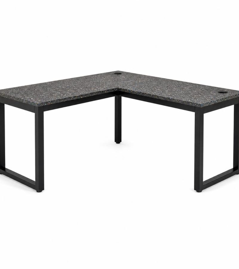 L-shaped corner desk workstation with speckled recycled plastic top showing mixed color flecks and natural recycled texture, powder-coated black steel legs