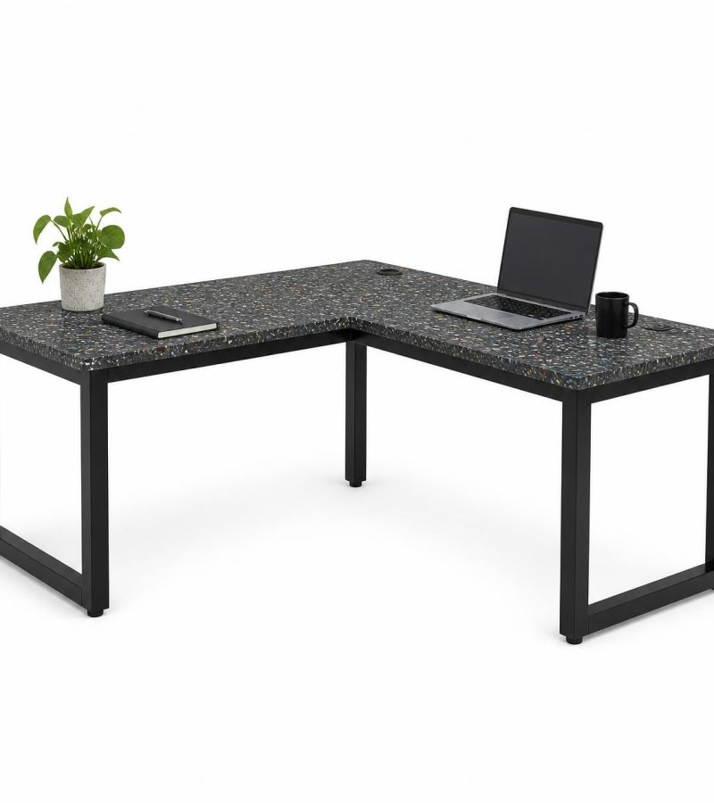 L-shaped corner desk workstation with speckled recycled plastic top showing mixed color flecks and natural recycled texture, powder-coated black steel legs2