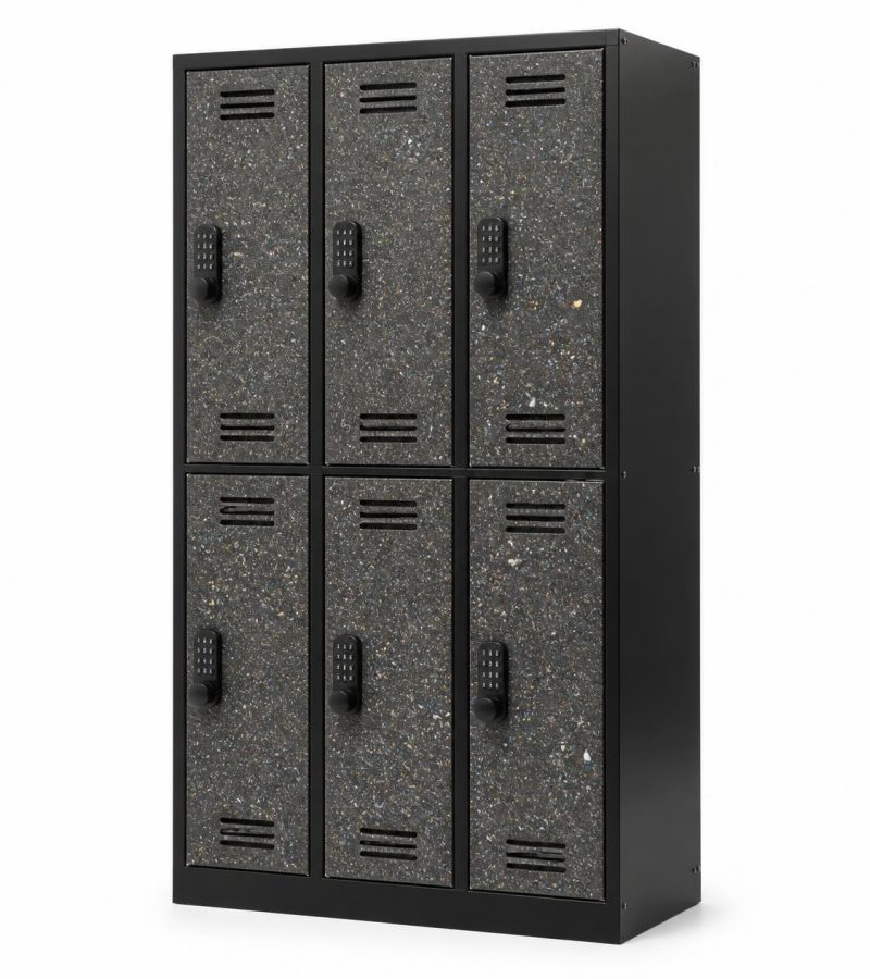 Metal locker unit with 6 compartments, doors made from speckled recycled plastic panels showing mixed color flecks and natural recycled texture, 2