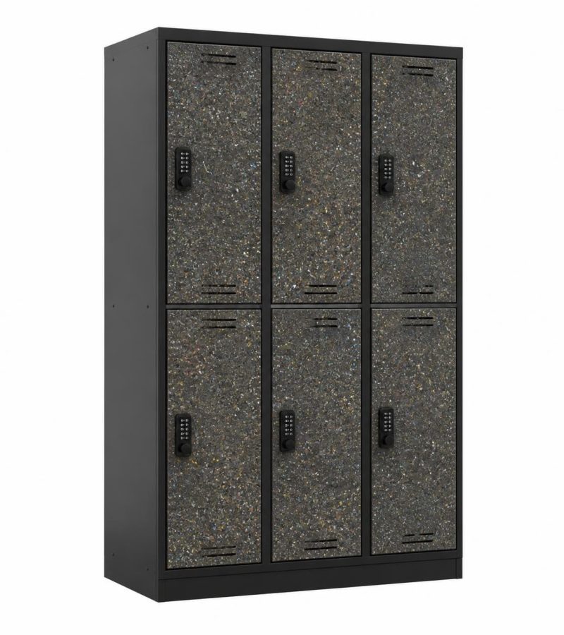 Metal locker unit with 6 compartments, doors made from speckled recycled plastic panels showing mixed color flecks and natural recycled texture,1