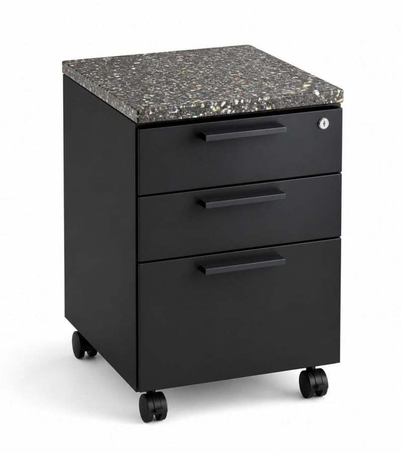 Mobile pedestal drawer unit with speckled recycled plastic top showing mixed color flecks and natural recycled texture, powder-coated black steel body, lockable drawer1