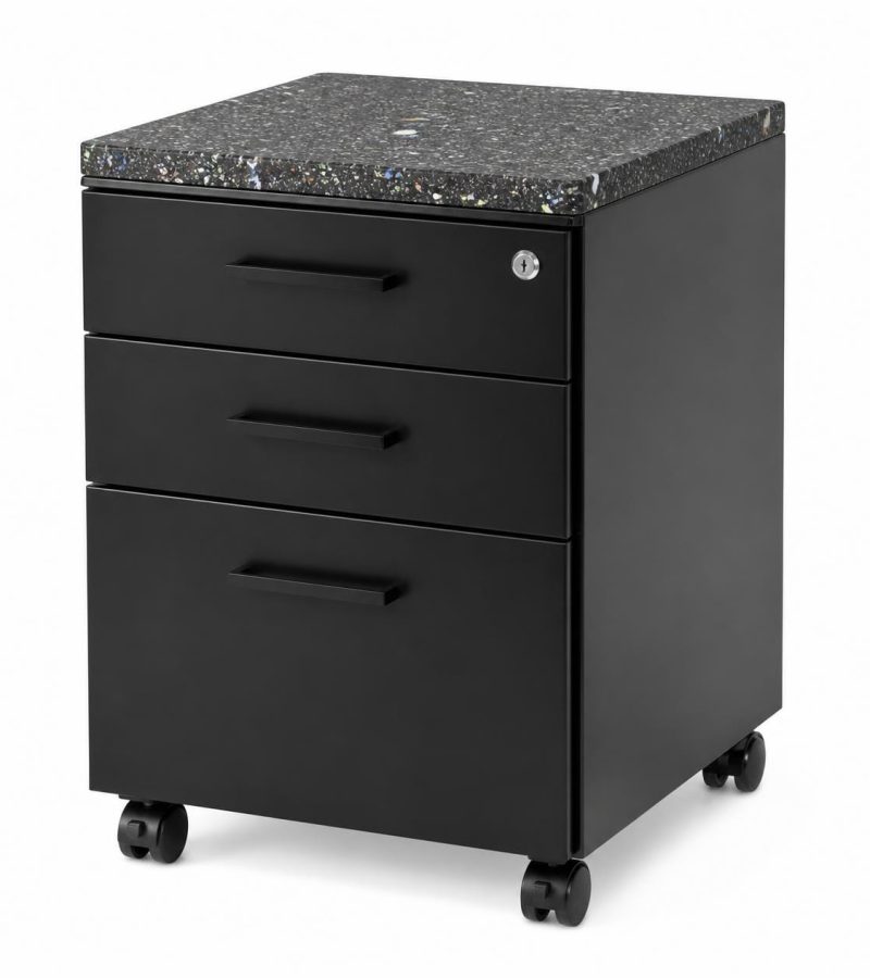 Mobile pedestal drawer unit with speckled recycled plastic top showing mixed color flecks and natural recycled texture, powder-coated black steel body, lockable drawers, wheels with castors,