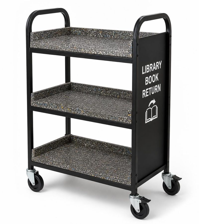 Mobile storage trolley with lockable castors, speckled recycled plastic shelves showing mixed color flecks and natural recycled texture, 1