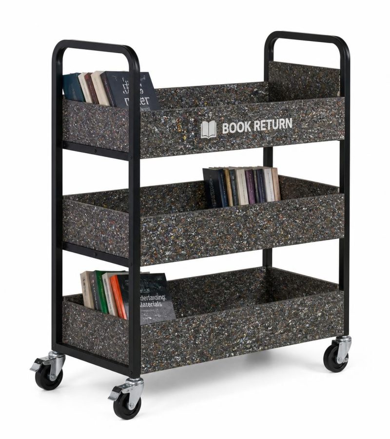 Mobile storage trolley with lockable castors, speckled recycled plastic shelves showing mixed color flecks and natural recycled texture