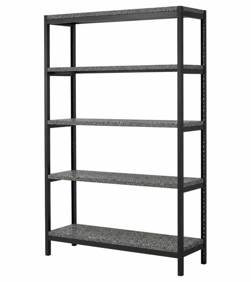 Open shelving unit bookcase with adjustable shelves, speckled recycled plastic shelves showing mixed color flecks and natural recycled texture, modern library or office storag