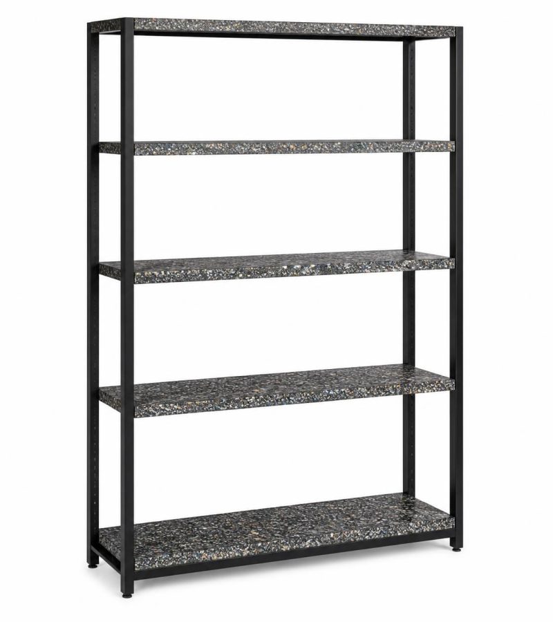 Open shelving unit bookcase with adjustable shelves, speckled recycled plastic shelves showing mixed color flecks and natural recycled texture, modern library or office storage, (2)