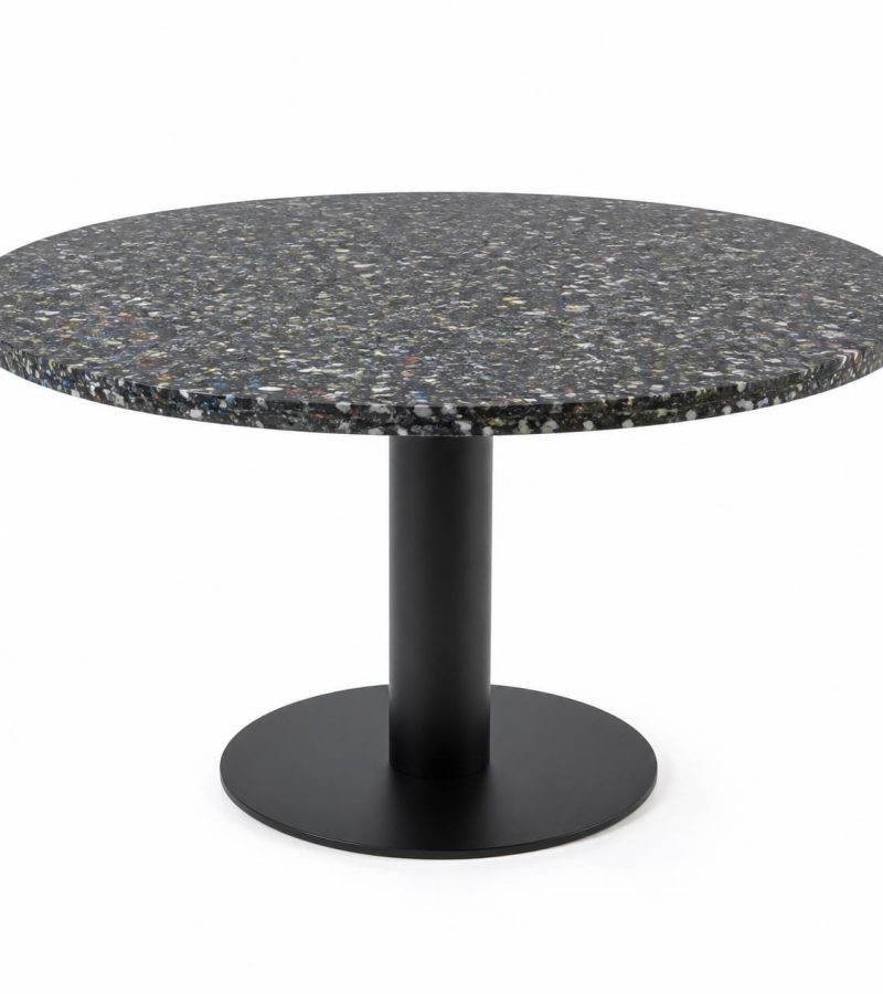 Round meeting table with speckled recycled plastic top showing mixed color flecks and natural recycled texture, 2
