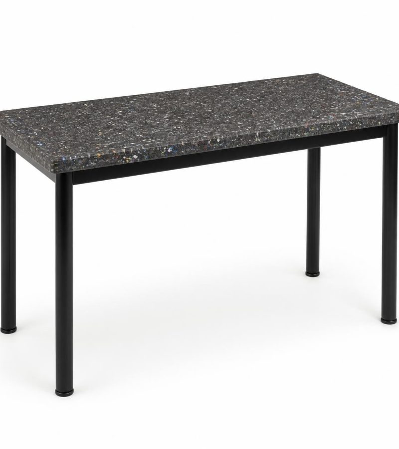 Single rectangular student table with recycled plastic top showing visible speckled texture with mixed color flecks throughout 1