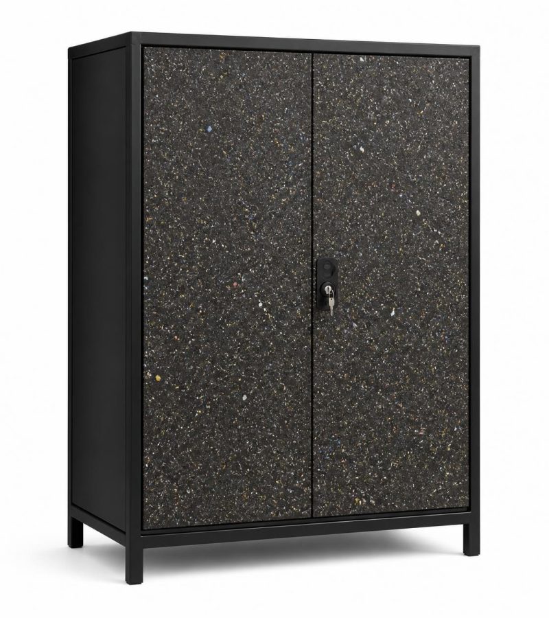 Storage cabinet with two lockable doors, speckled recycled plastic panels showing mixed color flecks and natural recycled texture, powder-coated black
