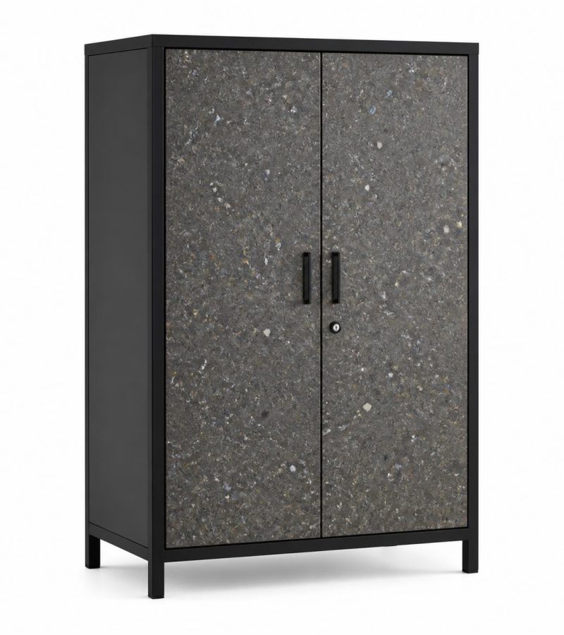 Storage cabinet with two lockable doors, speckled recycled plastic panels showing mixed color flecks and natural recycled texture, powder-coated black steel frame,1