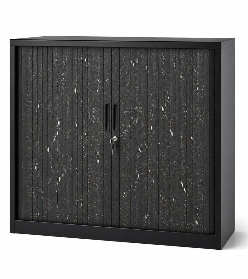 Tambour door filing cabinet with speckled recycled plastic panels showing mixed color flecks and natural recycled texture, powder-coated black steel frame, lockable sliding doors2