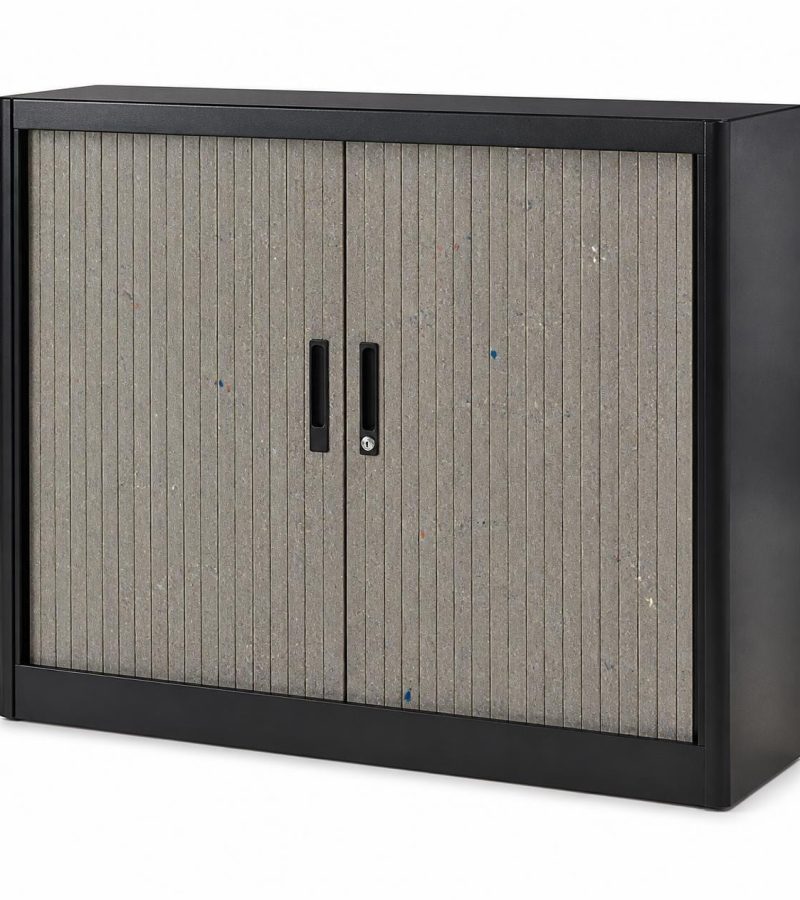 Tambour door filing cabinet with speckled recycled plastic panels showing mixed color flecks and natural recycled texture, powder-coated black steel frame, lockable sliding1